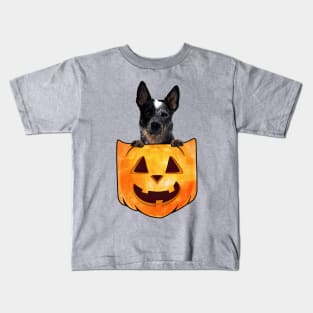 Blue Heeler Dog In Pumpkin Pocket Halloween Kids T-Shirt